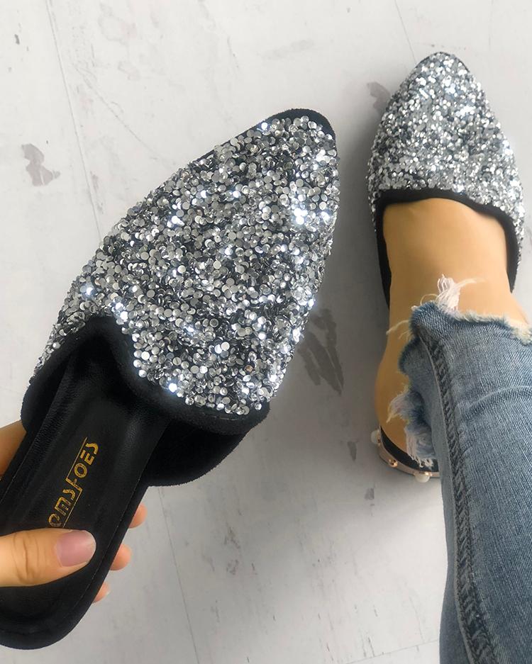 

Sequins Embellished Pointed Toe Chunky Sandals, Silver