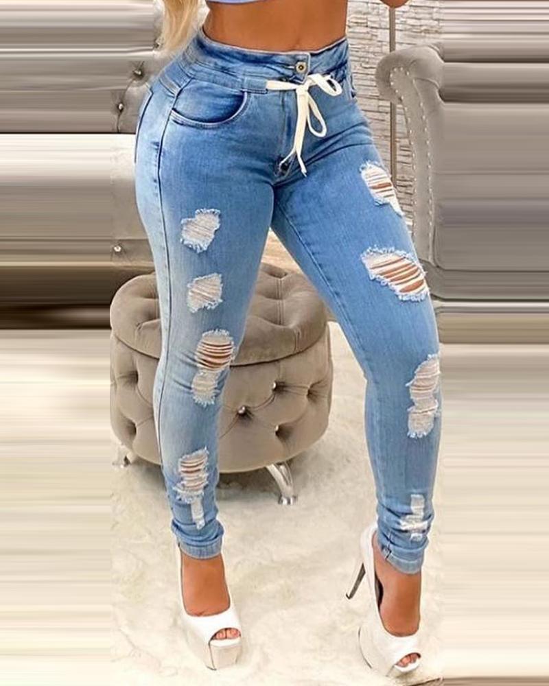 

Ladder Cutout Tie Front Ripped Jeans, Blue