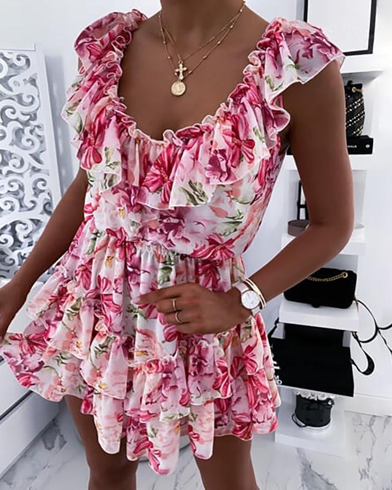 

Floral Print Layered Ruffles Ruched Casual Dress, Pink