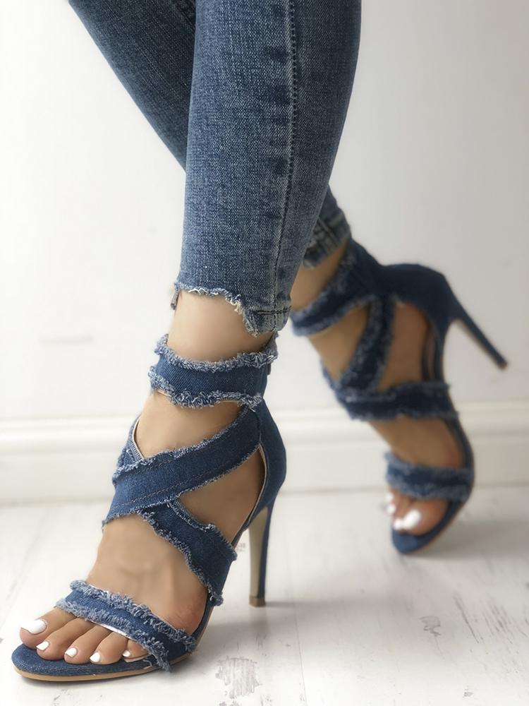 

Criss Cross Frayed Denim Thin Heeled Sandals