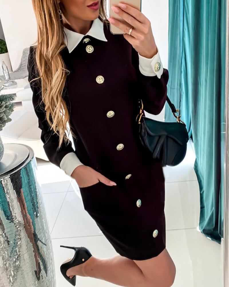 

Colorblock Detail Button Through Dress, Black