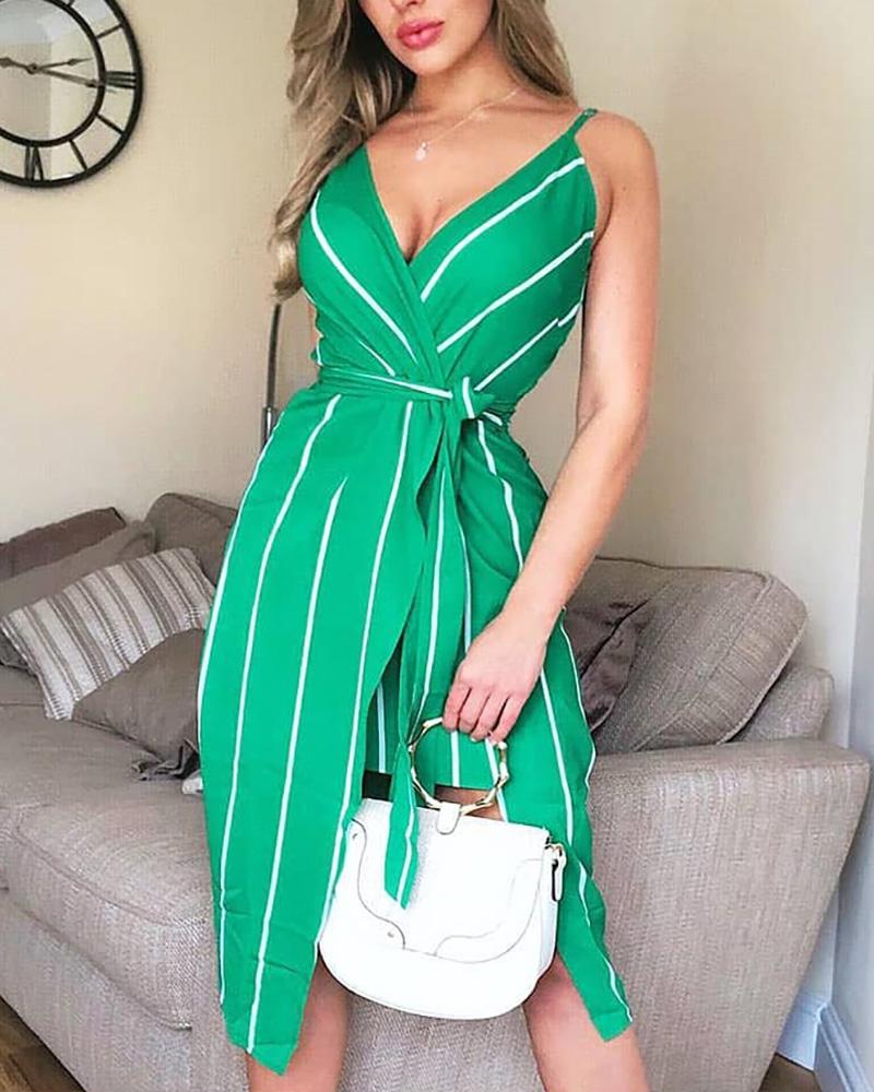 

Striped Spaghetti Strap Surplice Wrap Dress, Green
