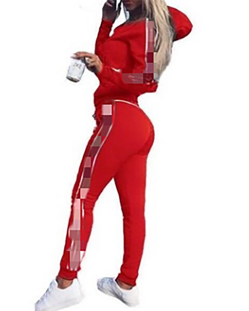 

Striped Tape Zipper Design Hooded Top & Drawstring Pants Set, Red