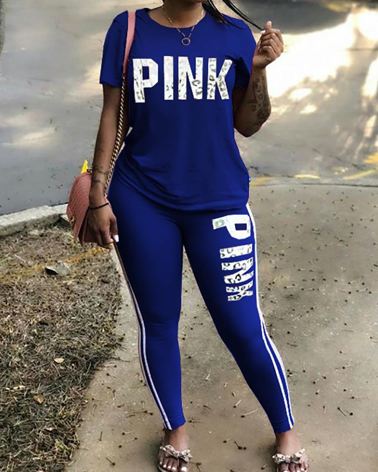 

Fashion Striped Letter Print T-shirt & Pants Set, Blue