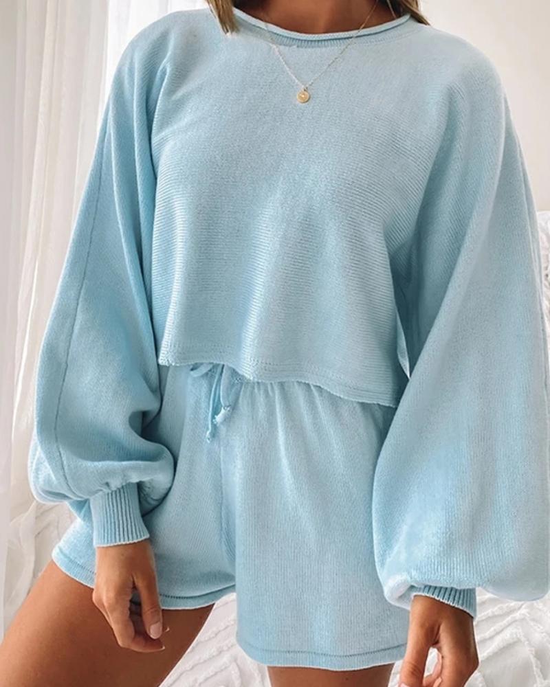 

Long Sleeve Casual Top & Drawstring Shorts Set, Light blue
