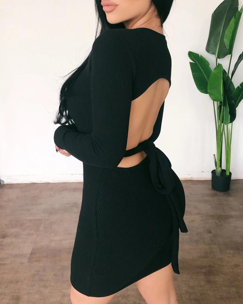 

Plain Tie Detail Cutout Backless Bodycon Dress, Black