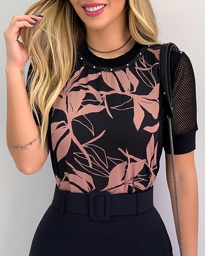 

Studded Fishnet Mesh Sleeve Plant Print Casual Blouse, Black