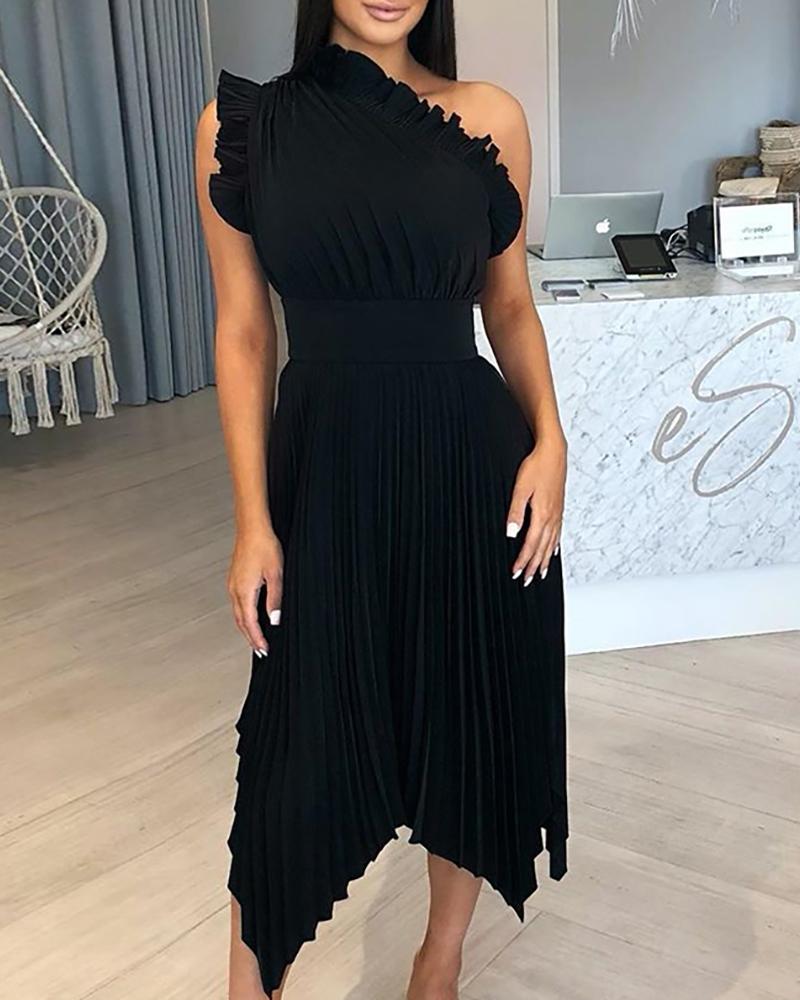 

Solid Ruffles Tight Waist Irrugular Hem Pleated Dress, Black