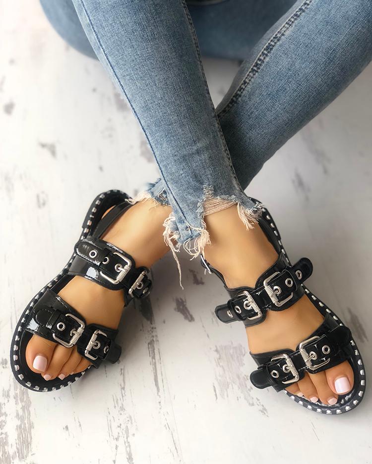 

Double Buckle Design Peep Toe Flat Sandals