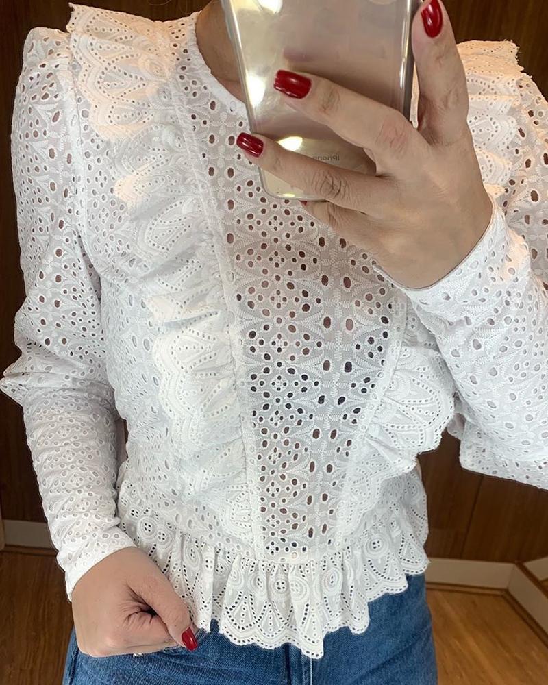 

Solid Eyelet Hollow Out Ruffles Design Blouse
