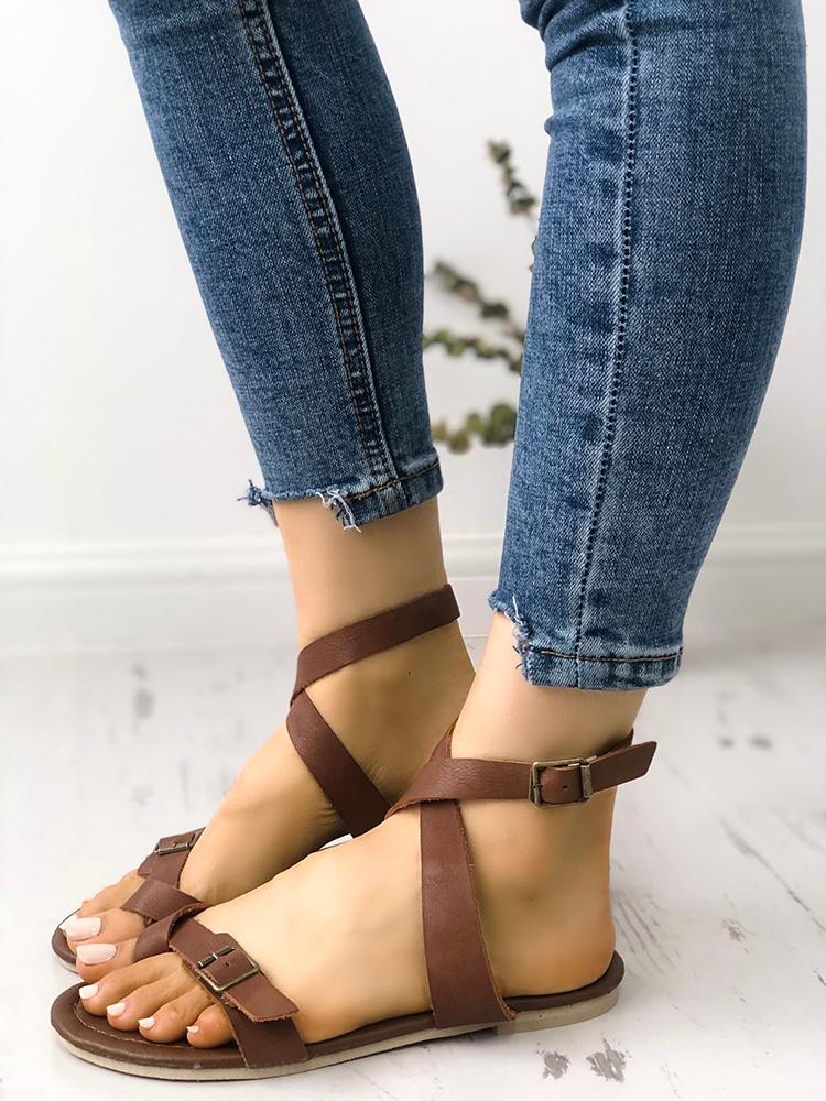 

Solid Criss Cross Metal Buckle Flat Sandals, Brown