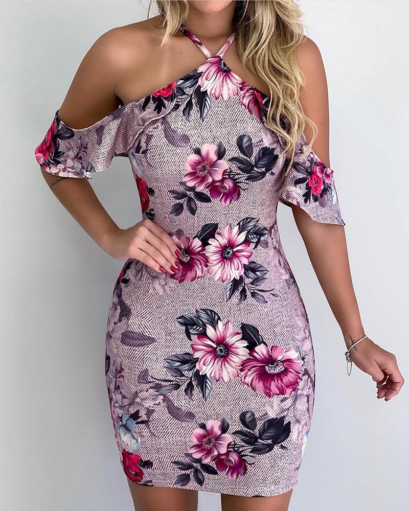 

Floral Print Cold Shoulder Bodycon Dress, Purple