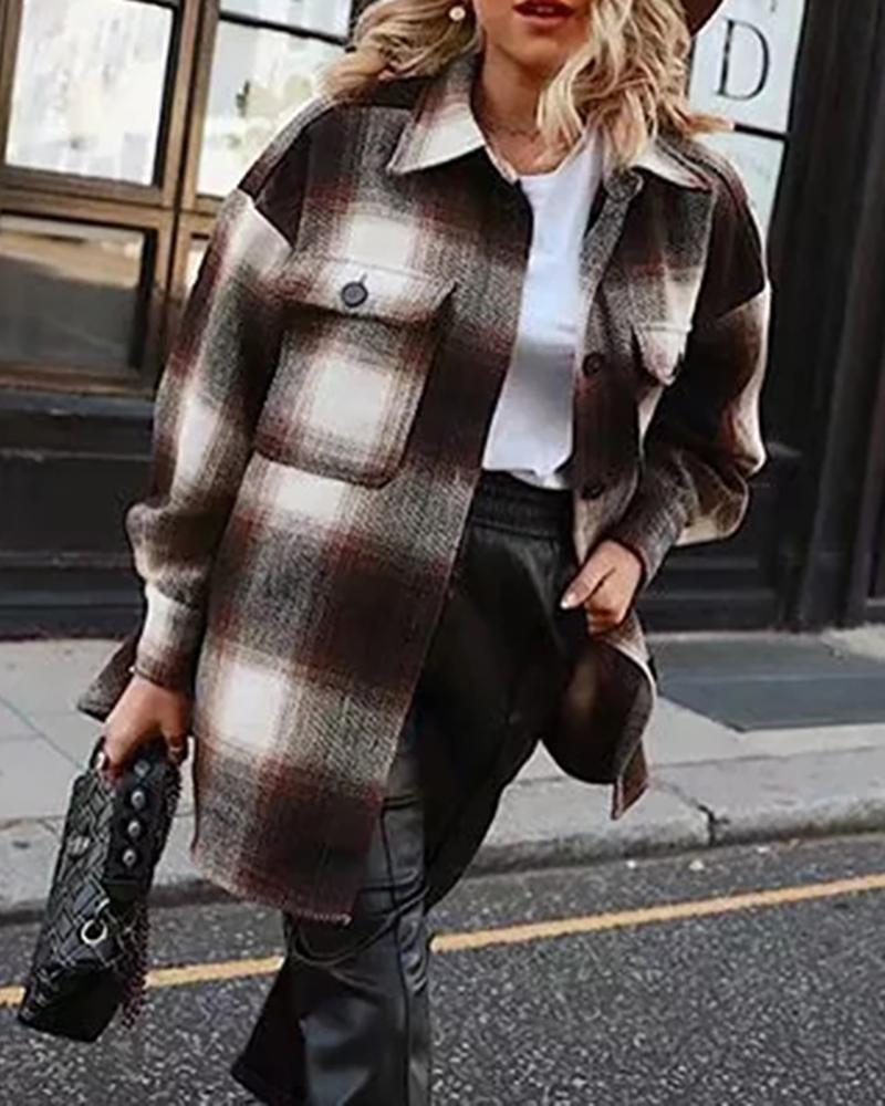 

Plaid Print Button Pocket Design Casual Coat, Gray