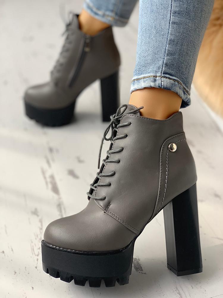 

PU Platform Lace-Up Chunky Heeled Boots