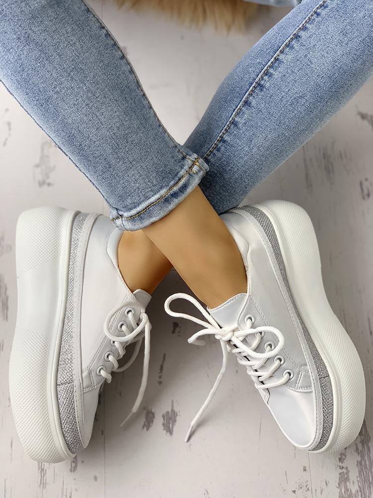 

Lace-up PU Platform Sneakers, White