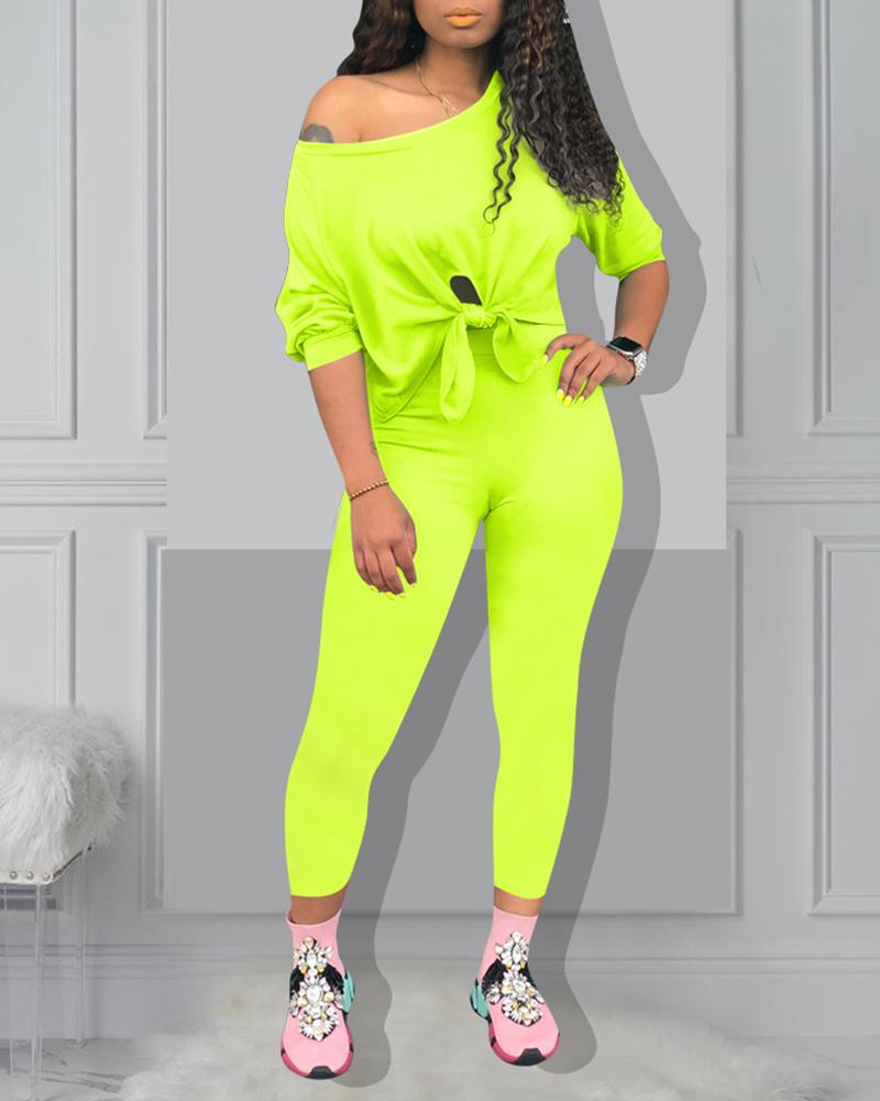 

Solid Knot Front Sporty Top & Pants Set, Green