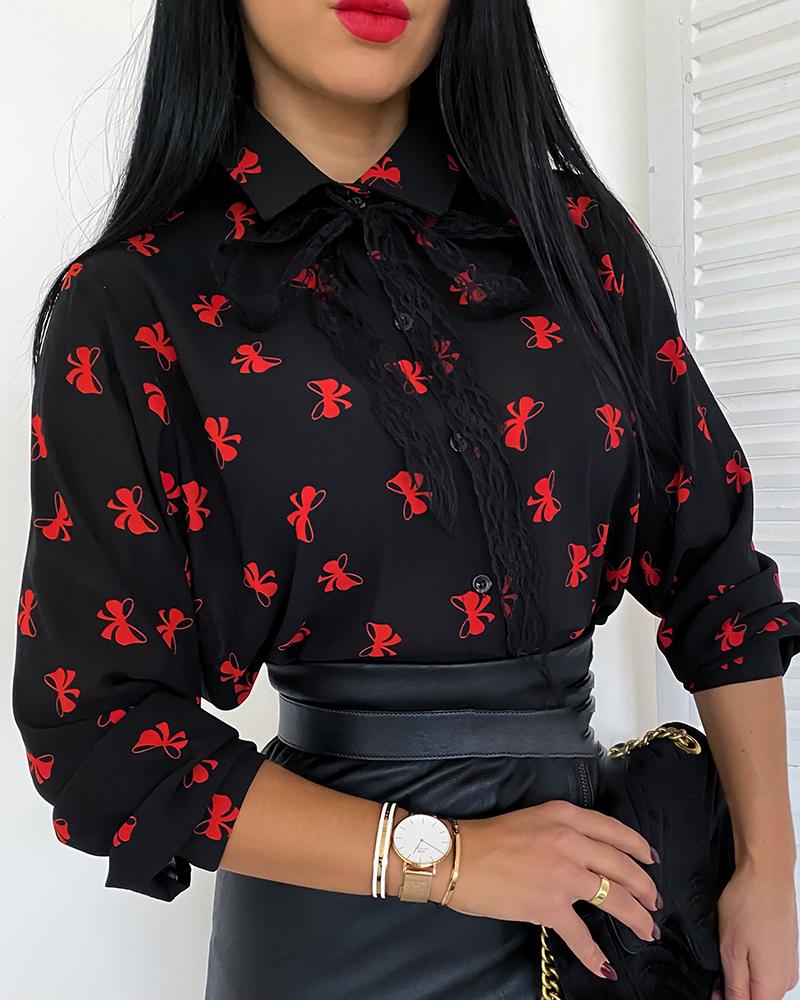 

Bowknot Print Long Sleeve Shirt, Black