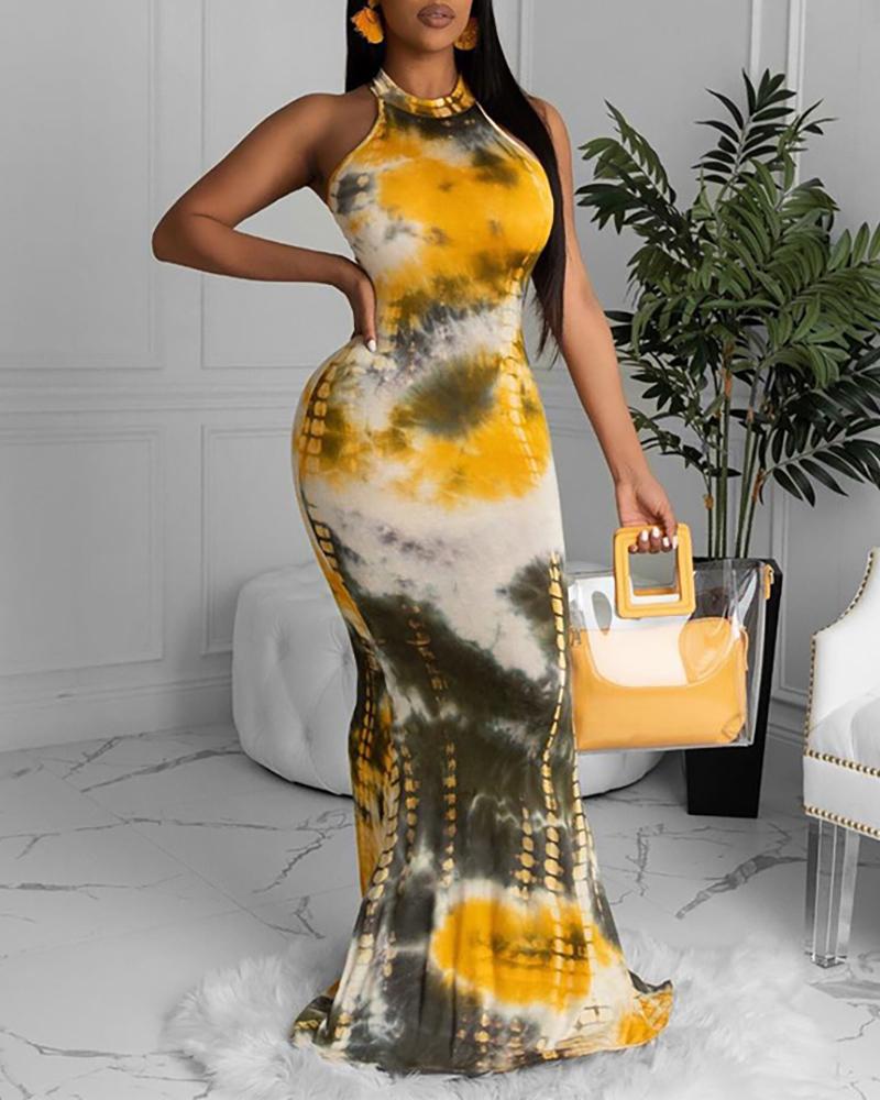 

Tie Dye Print Cutout Back Mermaid Maxi Dress, Yellow