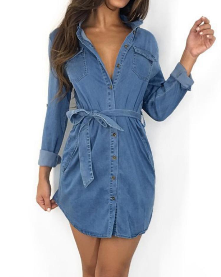 

Long Sleeve Belted Denim Shirt Dress, Light blue