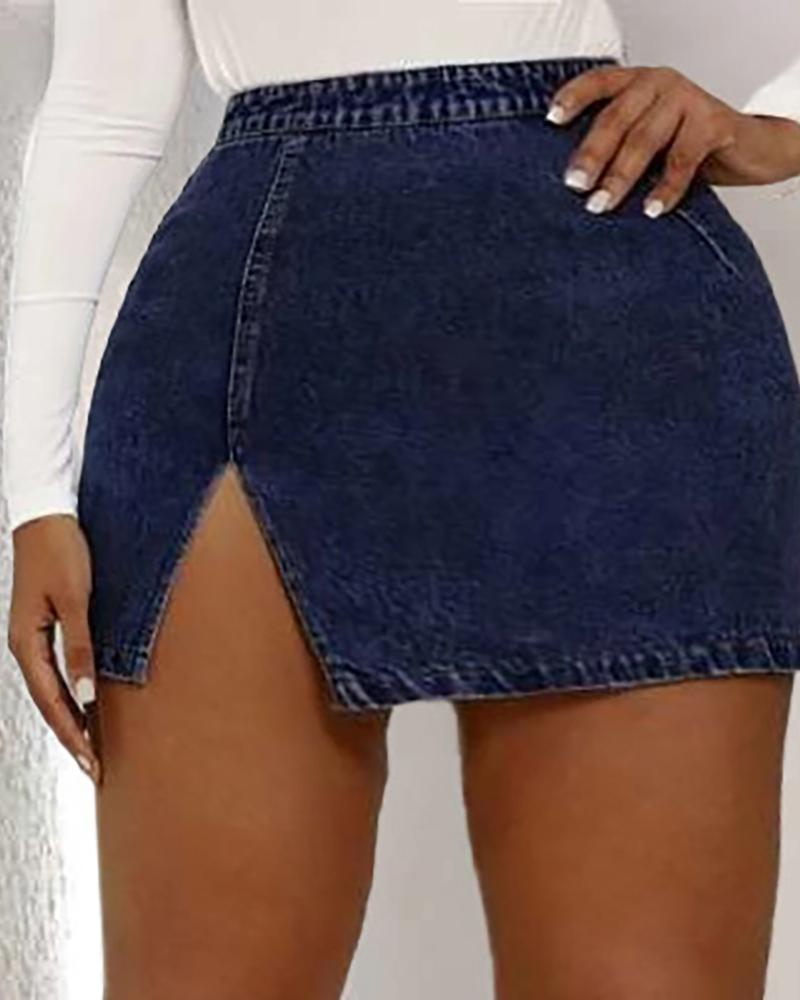 

Button Design Slit Denim Skirt, Dark blue