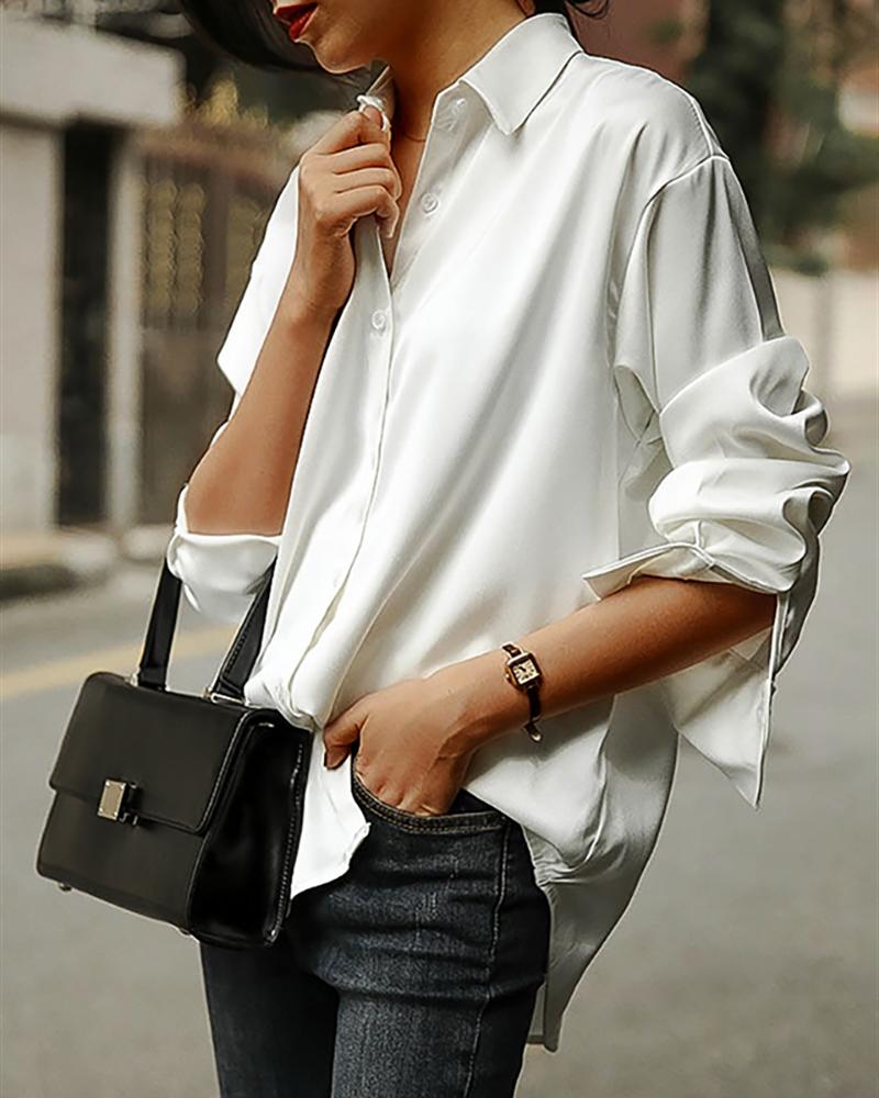 

Solid Satin Button Up Shirt, White