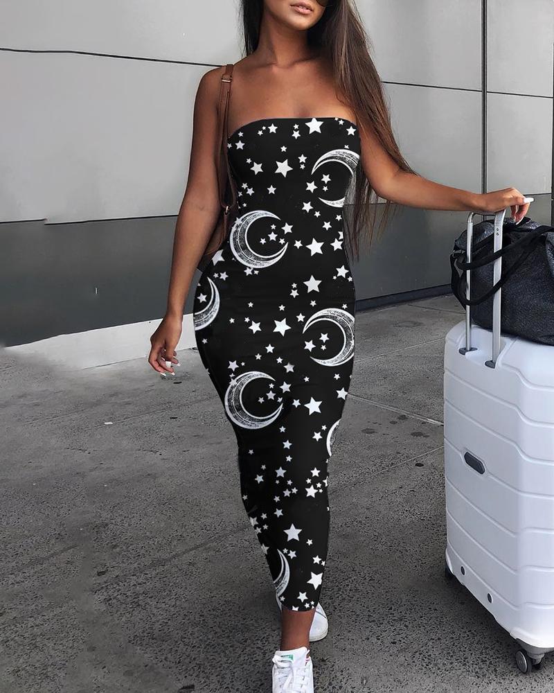 

Moon Star Print Bandeau Sleeveless Dress, Black