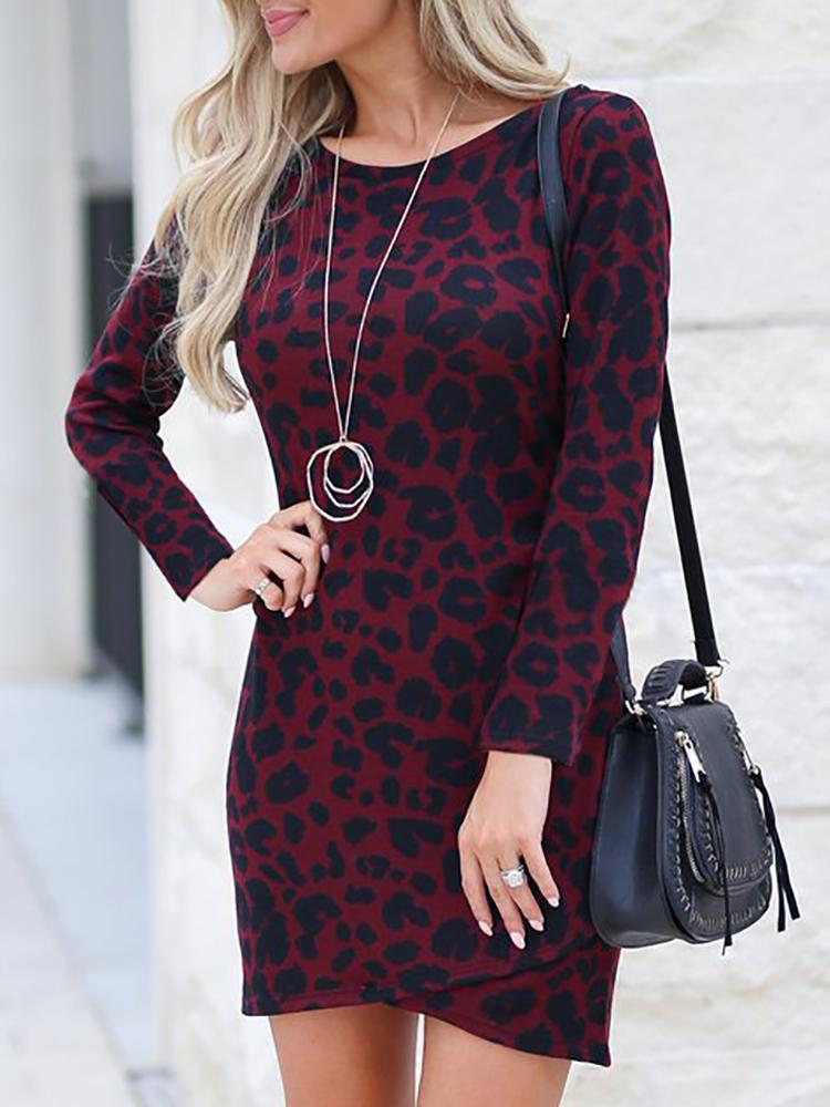 

Leopard Print Long Sleeve Casual Dress, Wine red