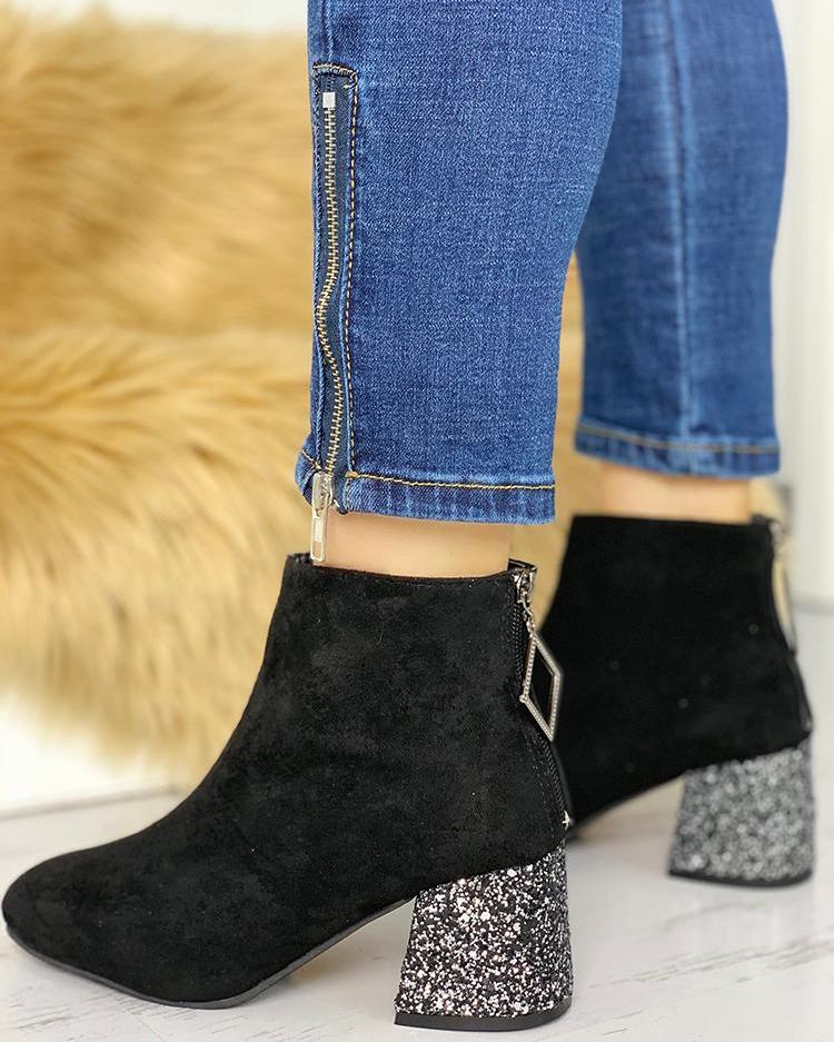 

Suede Point Toe Sequins Chunky Heeled Boots, Black