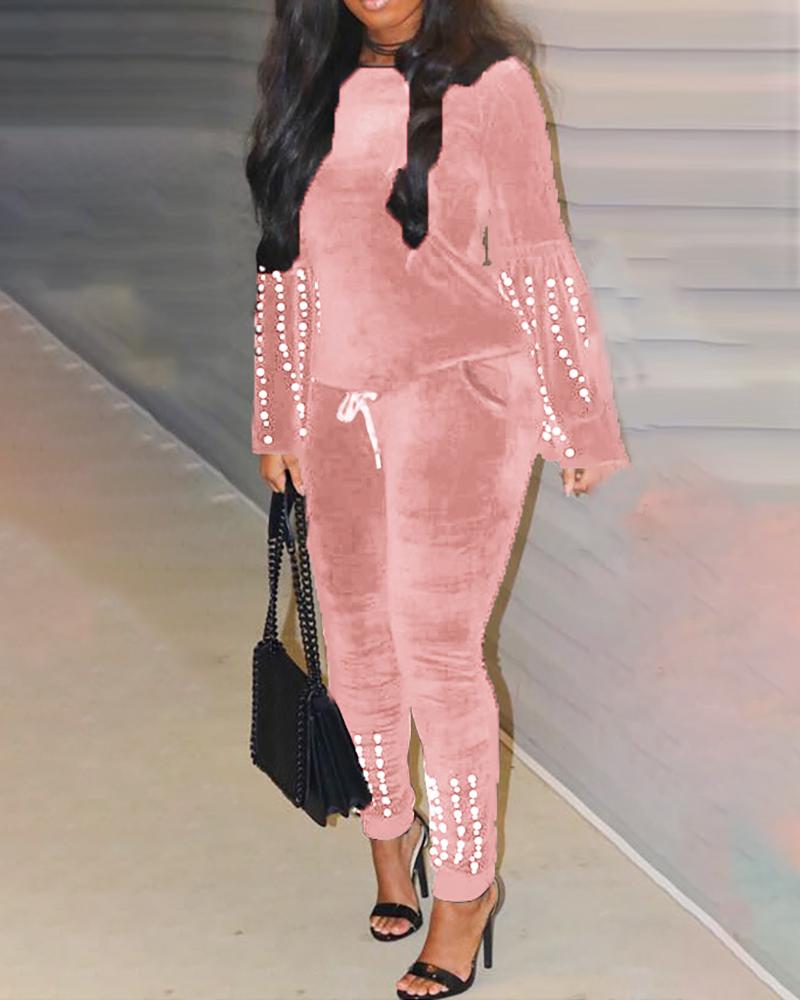 

Beaded Round Neck Long Sleeve Top & Drawstring Pants Sets, Pink