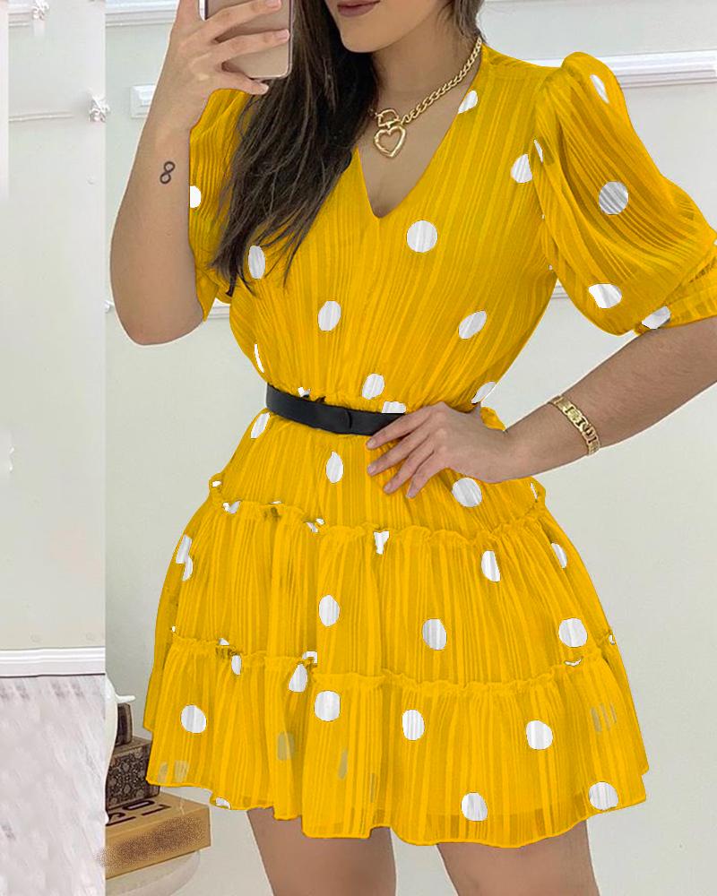 

Polka Dots Mesh Puff Sleeve Ruffles Casual Dress, Yellow