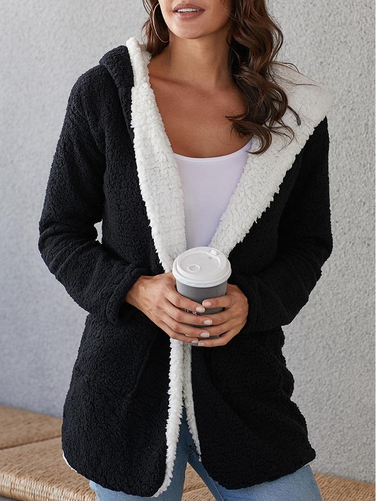 

Contrast Color Fluffy Hooded Pocket Coat, Black