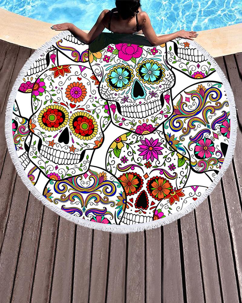 

Flower Skull Print Tassel Pool Beach Towel Blanket(150CM*150CM, White