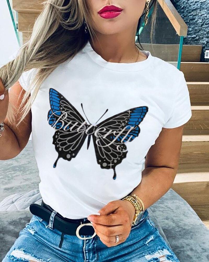 

Lip Butterfly Print Round Neck T-shirt, White