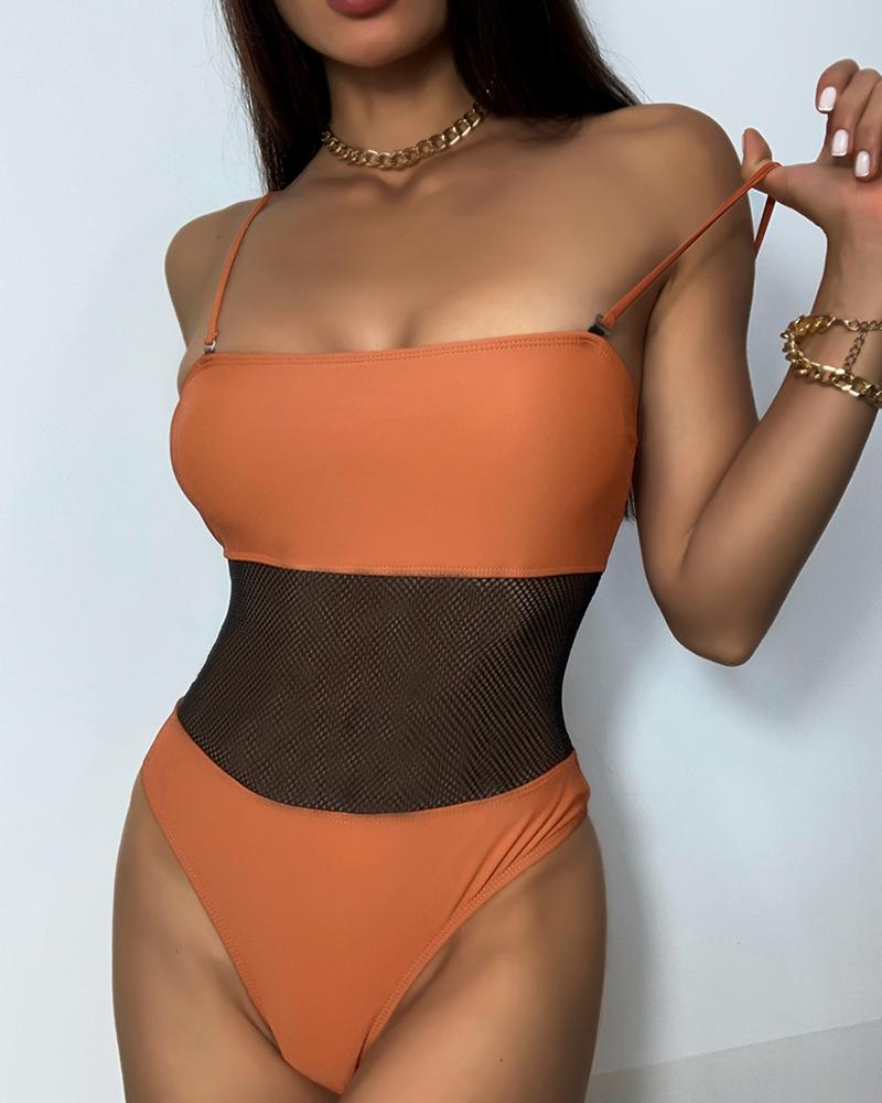 

Colorblock Fishnet Mesh One Piece Swimsuit, Orange