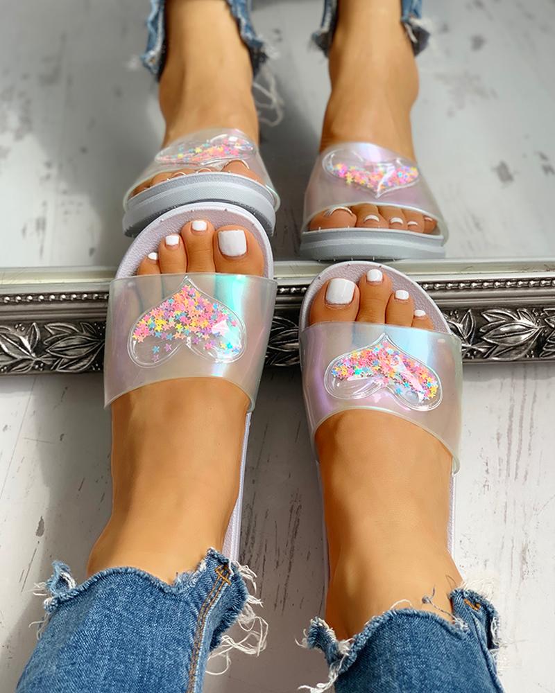 

Heart Detail Casual Flat Sandals, Gray