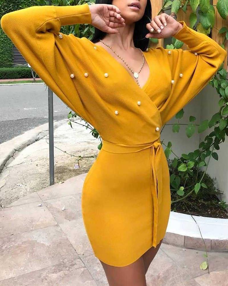 

V Neck Beaded Design Lantern Sleeve Bodycon Dress, Yellow
