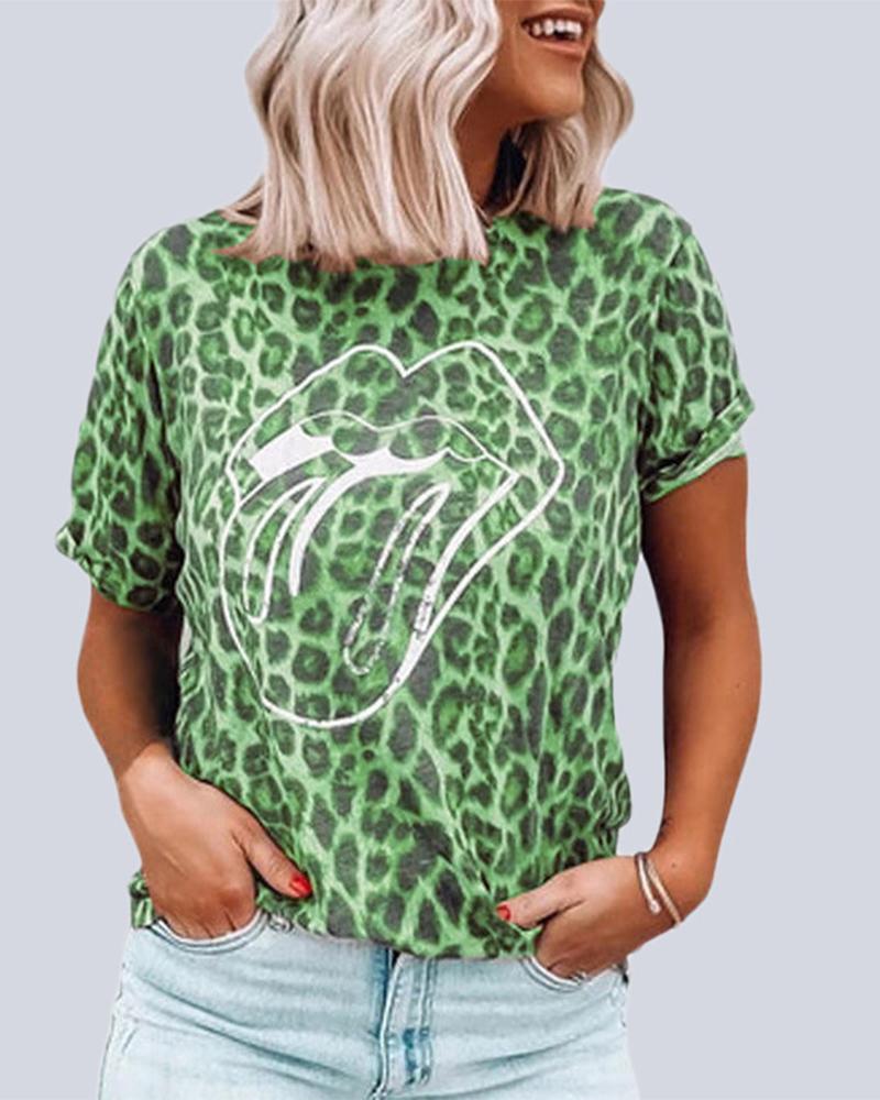 

Leopard Lip Print Casual T-Shirt, Green