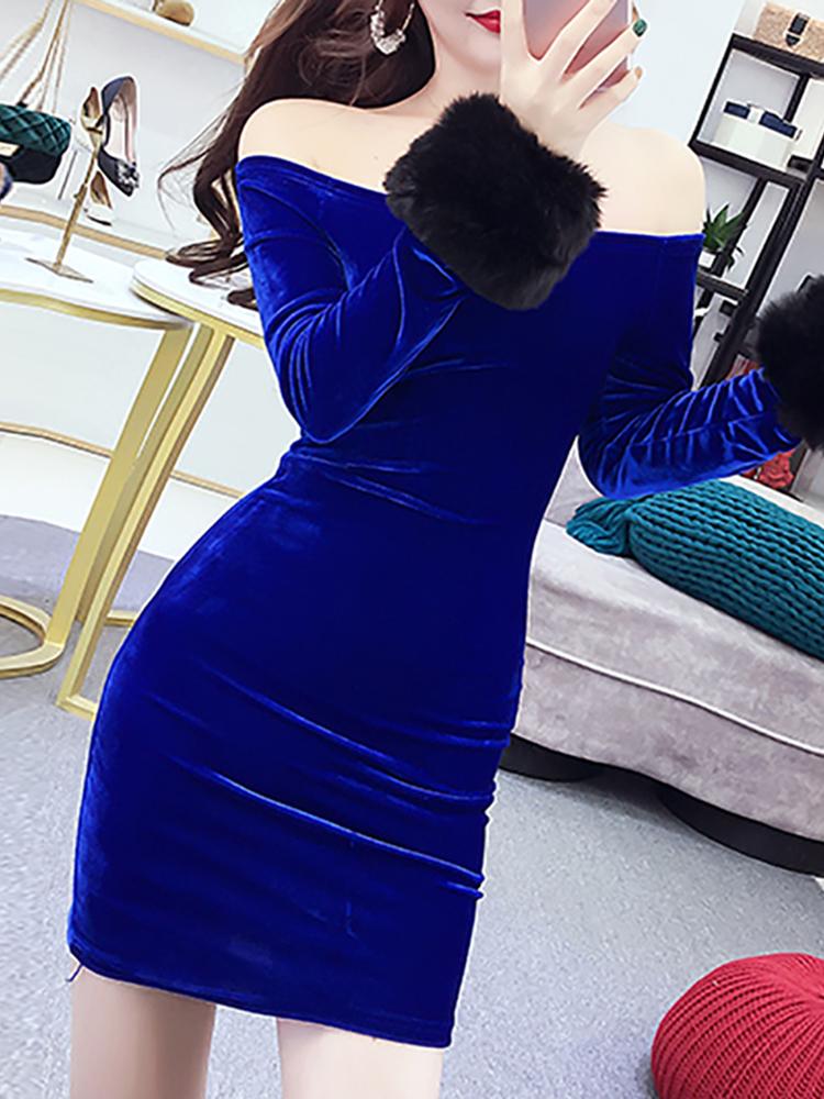 

Fluffy Embellished Off Shoulder Velvet Dress, Blue