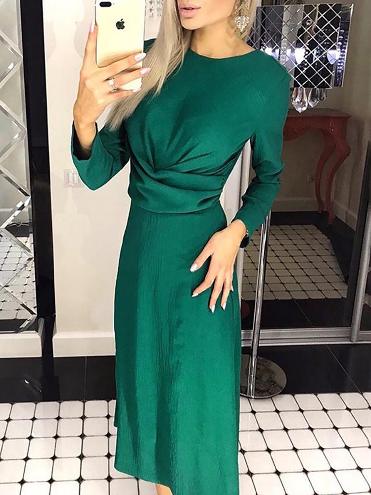 

Long Sleeve Ruched Twist Waist Midi Dress, Green