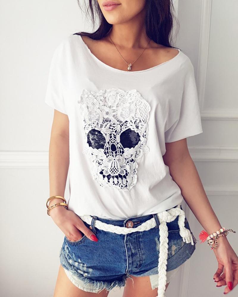 

Short Sleeve Skull Crochet Lace Trim T-shirt, White