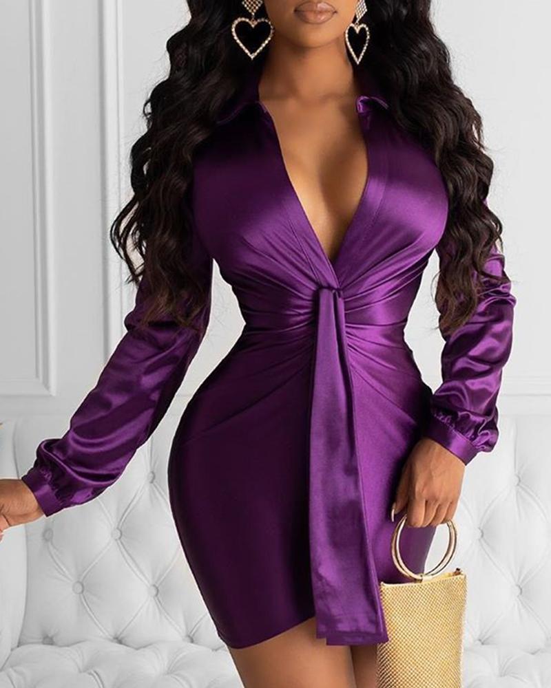 

Solid Tight Waist Knotted Bodycon Dress, Purple