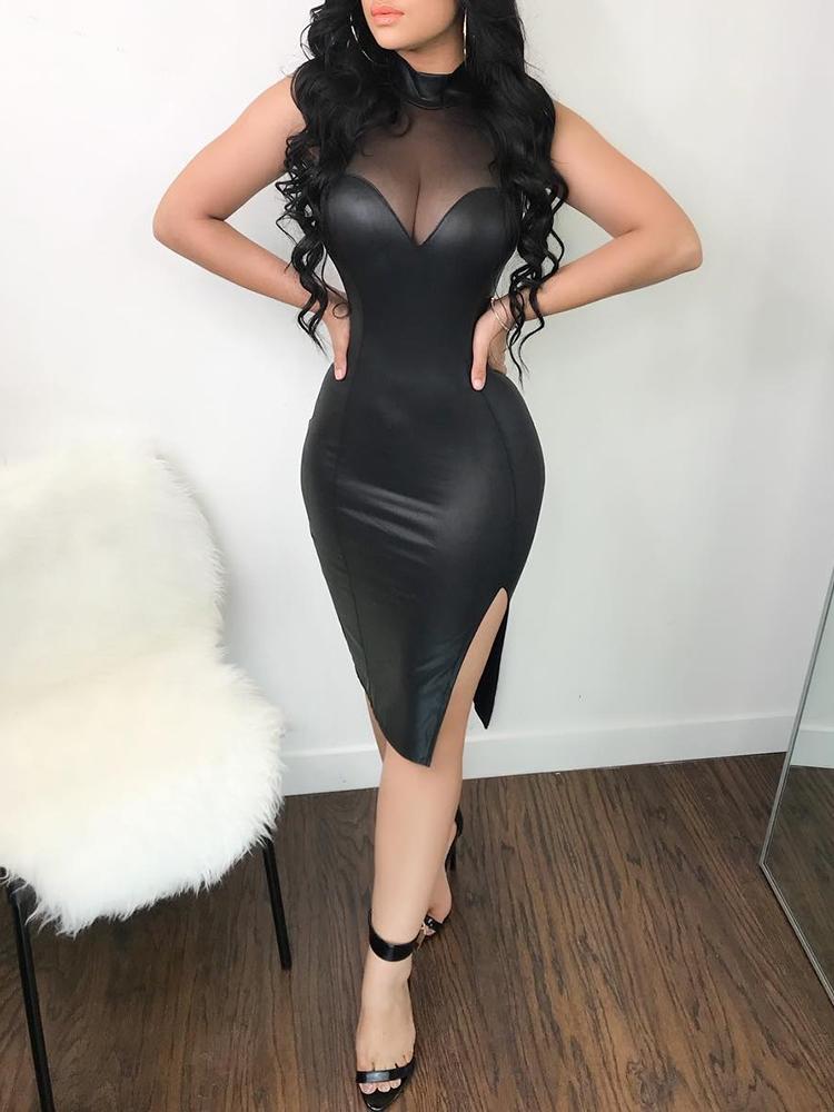 

Sheer Mesh Patchwork PU Midi Dress, Black