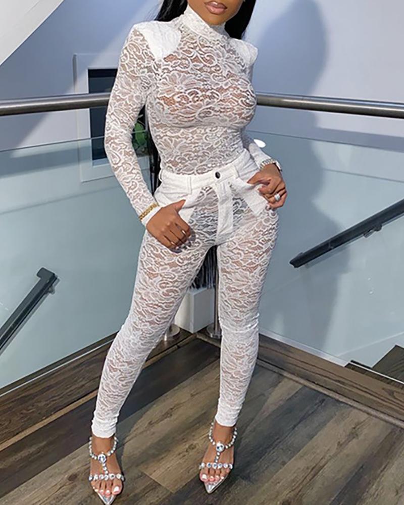 

See Through Lace Top & Pant Sets, White