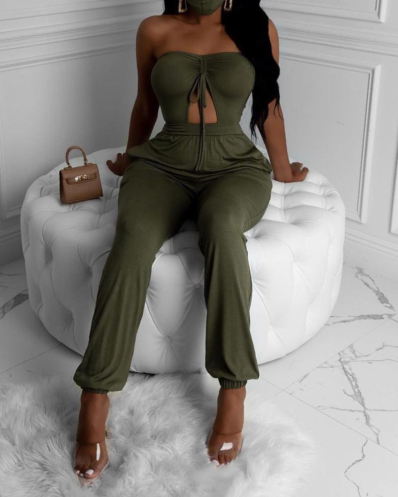 

Off Shoulder Cutout Plain Jumpsuit With Mask, Army green
