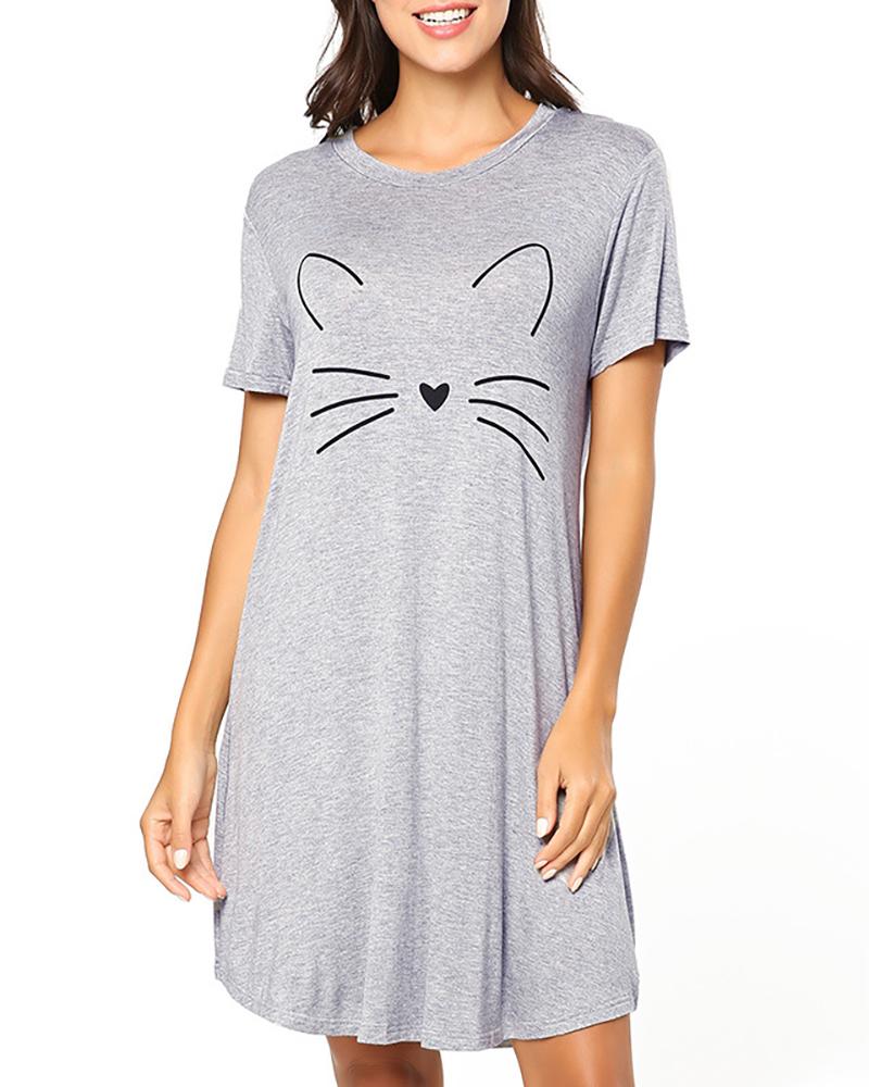 

Print Short Sleeve Round Neck Sleepshirt, Gray