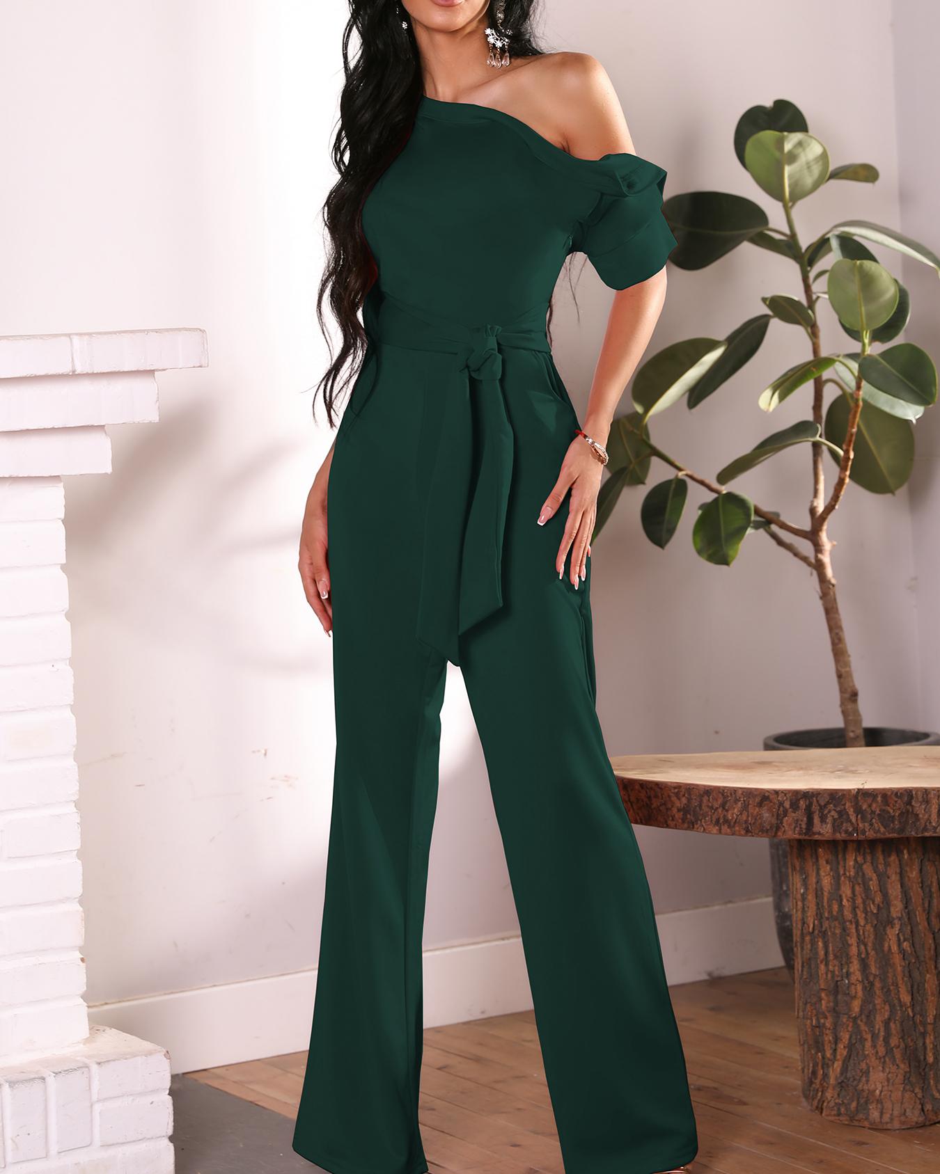 

Solid One Shoulder Tied Waist Flared Jumpsuit, Army green