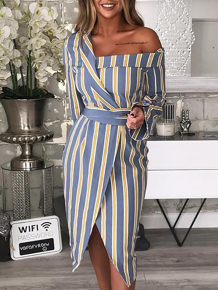 

Striped Irregular One Shoulder Shirt Dress, Multicolor