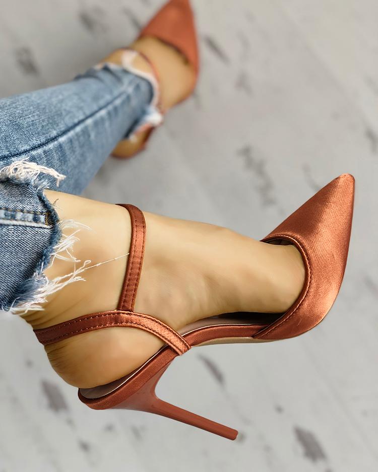 

Satin Ankle Buckle Pointed Toe Thin Heeled Sandals, Orange