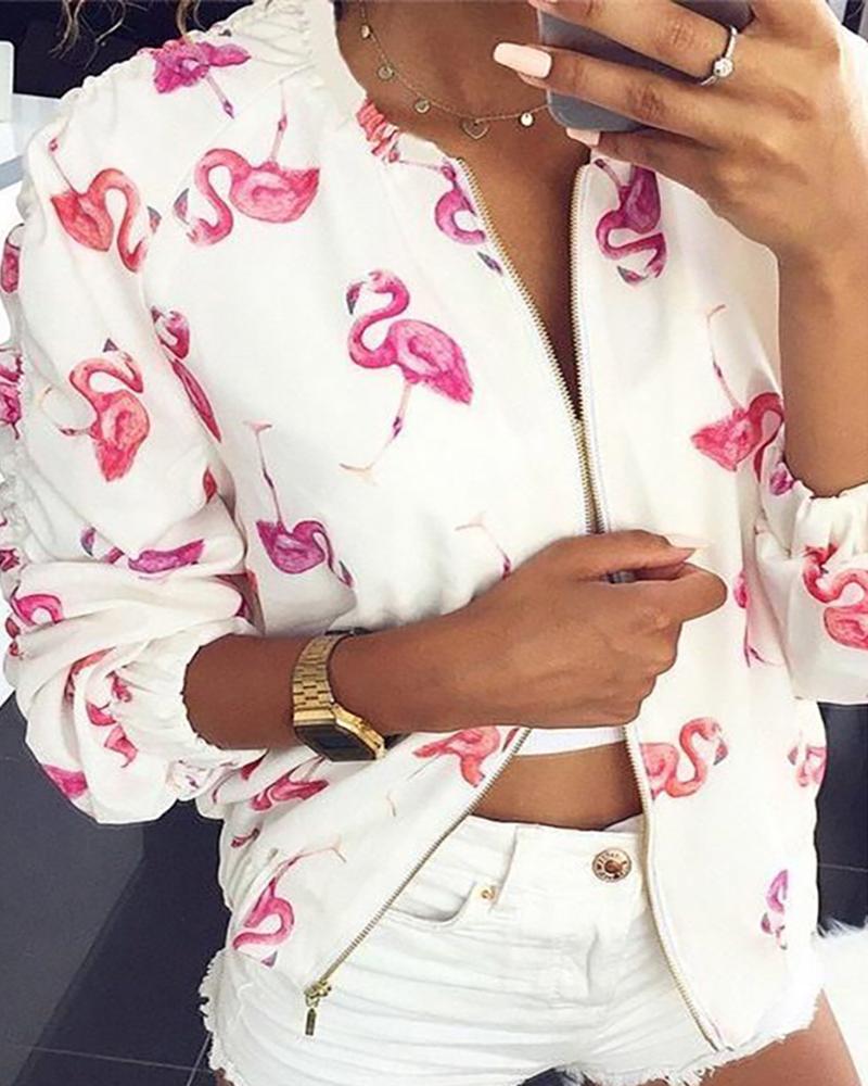 

Flamingo Print Zipper Long Sleeve Coat, White