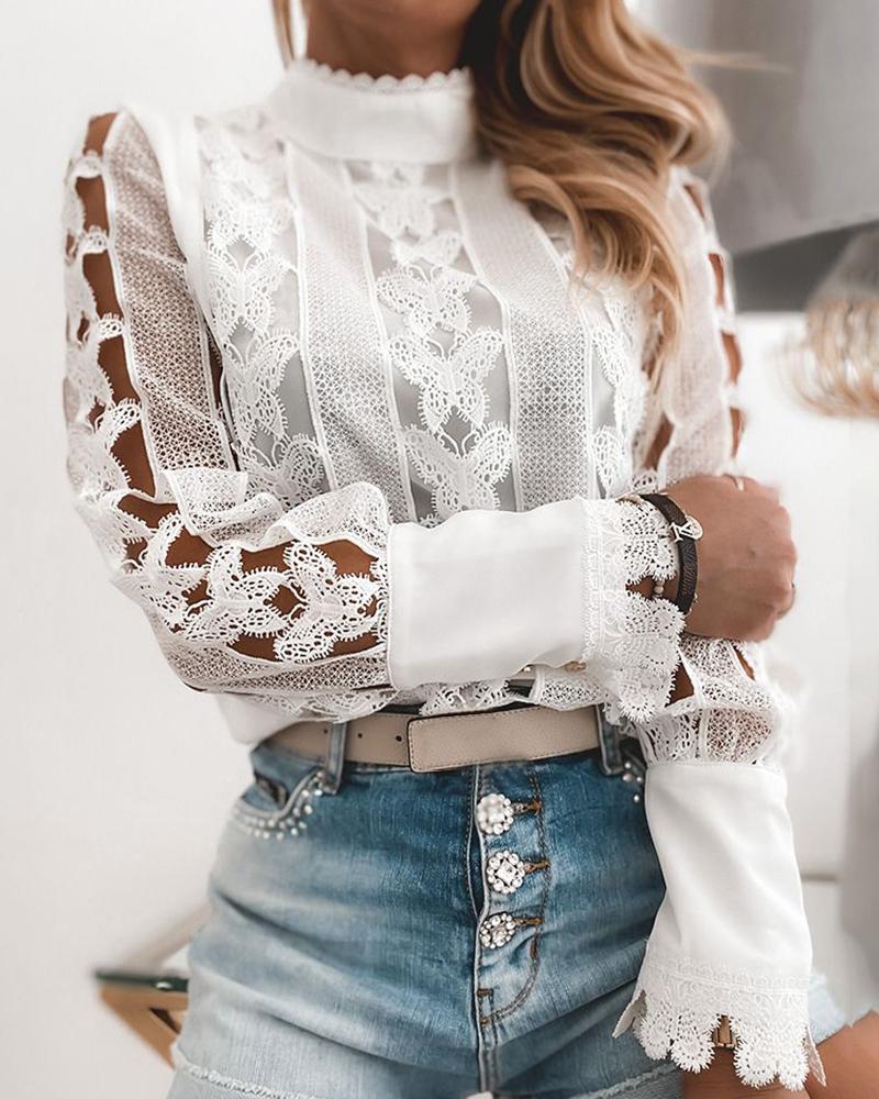 

Mock Neck Butterfly Pattern Hollow Out Blouse, White